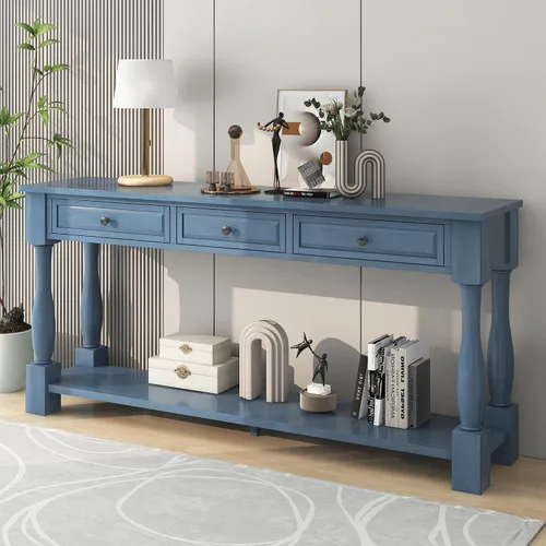 Vista 29 de JIVOIT Mesa consola rústica y elegante, mesa de consola rectangular de madera con cajones de almacenamiento y estante inferior para entrada Blanco