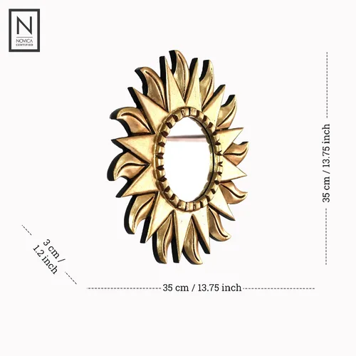 Vista 3 de NOVICA Mohena - Espejo de pared de madera y hoja de bronce, girasol, tono dorado, mediano
