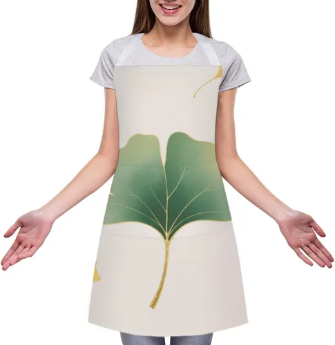 Vista 3 de MUSM Apron for Adults - 27.6 X 31.5 Inch, Heavy-Duty Polyester Aprons with Two Large Pockets, Waterproof Green Ginkgo Leaves Kitchen Apron for