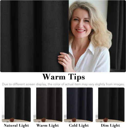 Vista 5 de H.VERSAILTEX Cortinas 100% opacas con aislamiento térmico, texturizadas, de lino, con bloqueo completo de calor y luz, para sala de estar y Negro