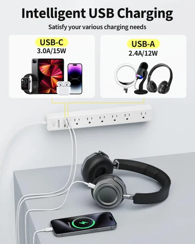 Vista 4 de Regleta protectora de sobretensiones de 6 pies, 7 tomacorrientes, 4 puertos USB (2 USB C), cable de extensión plano ultrafino y enchufe plano, 1700