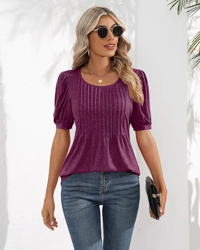 Vista 4 de Ficerd Blusa plisada de manga corta abombada para mujer, cuello redondo, elegante, casual, holgada, para primavera y verano