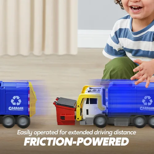 Vista 6 de JOYIN Juego de juguetes de camión de basura de fricción grande, incluye 1 contenedor, 3 cubos de basura y 30 tarjetas de aprendizaje para niños, Azul