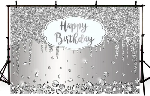 Vista 4 de SENDY Fondo de cumpleaños plateado con purpurina de 7 x 5 pies, suministros de decoración de fiesta de bokeh de diamantes de cristal para niña