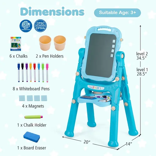 Vista 9 de Costzon 4-in-1 Height Adjustable Art Easel for Kids Magnetic Chalkboard & Whiteboard w/ Storage Tray and Detachable Design, No-Tool Assembly, Gift
