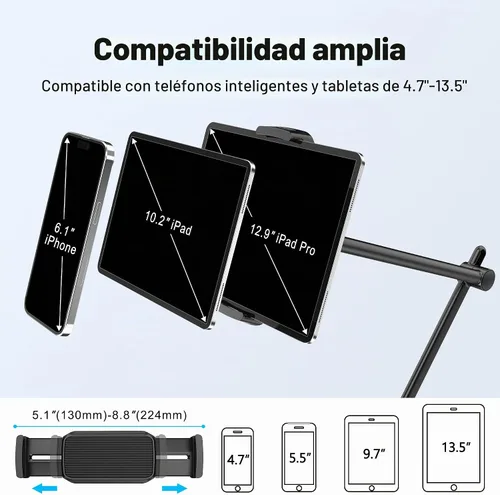 Vista 3 de AboveTEK Soporte para tablet para escritorio y cama, brazo de aluminio para iPad con abrazadera giratoria de 360°, soporte ajustable para teléfono