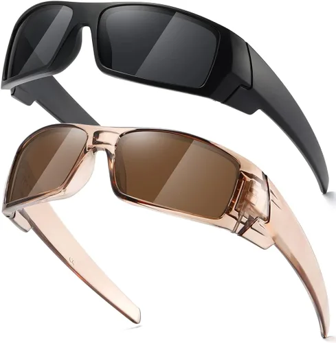Vista 17 de Gafas de sol polarizadas para hombre y mujer, estilo retro, deportivo, rectangular, envolvente, vintage, protector de disparo Negro - Negro