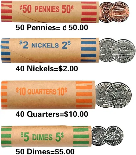 Vista 2 de 100 piezas de rollos preformados de envoltorios de monedas resistentes surtidos - Cuartos, centavos, níquel y diez centavos (Total 100 piezas)