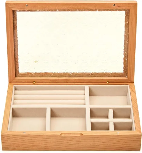 Vista 3 de pandapark Joyero de madera con tapa de vidrio, vitrina de almacenamiento con múltiples compartimentos, marrón nogal (cereza crema)
