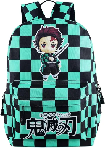 Vista 7 de Roffatide Mochila de anime negro verde a cuadros mochila de gran capacidad para computadora portátil, Nezuko, Classic