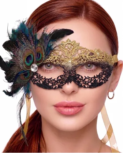 Vista 63 de Masquerade Mask For Women Lace Masquerade Mask for Masquerade Party, Proms, Venetian Party, Mardi Gras, Halloween & Cosplay Ana Bg Pluma de Pavo Real