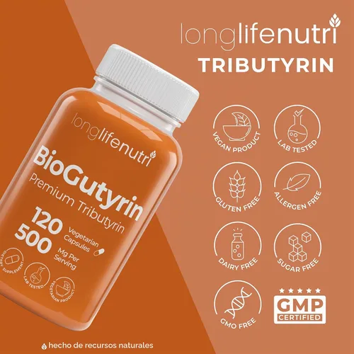 Vista 7 de BioGutyrin - Tributirina 500 mg, suplemento postbiótico para la función intestinal y absorción de nutrientes, 120 cápsulas vegetarianas, ácido