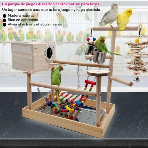 Vista 2 de kathson Parque infantil para pájaros, soporte de juego de loro, gimnasio de juego de periquitos con caja de cría y tazas de comida, soporte de perca