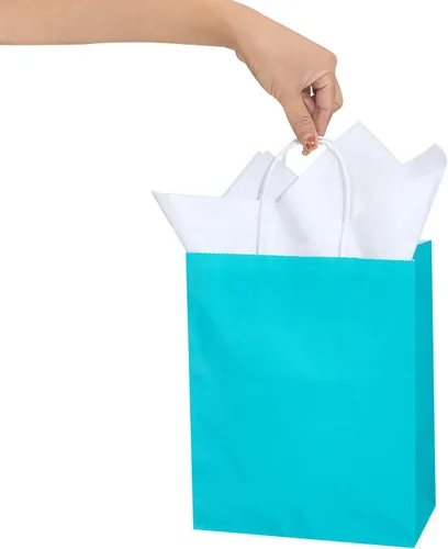 Vista 6 de DjinnGlory Paquete de 50 bolsas de regalo de papel azul turquesa de tamaño mediano con asas de 10 x 8 x 4 pulgadas y 50 papel de seda blanco