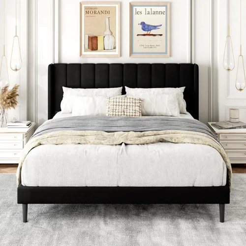 Vista 17 de Gruwans Base de cama de tamaño individual con cabecera tapizada con respaldo de ala, plataforma de fácil montaje, soporte de listones de madera,