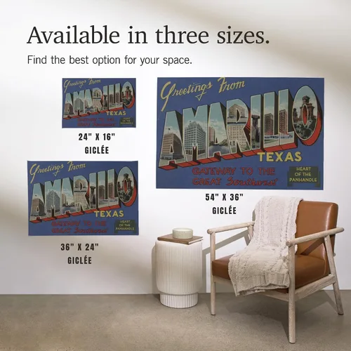 Vista 7 de Lantern Press 36x54 Inch Giclee Print, Greetings from Amarillo, Texas (Heart of the Panhandle)