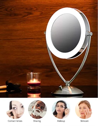 Vista 5 de Ovente Espejo de maquillaje de mesa iluminado de 9.5 pulgadas, LED, regulable, 1 lupa 5X, 360 ajustable, doble cara, funciona con batería, funciona