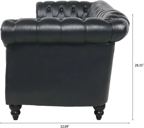 Vista 7 de 84.65" Scroll Arms Chesterfield Sofa PU Leather 3 Seater Couch with Soft Seating Cushions, Modern Style 3-seat Sofa for Living Room Office Apartment