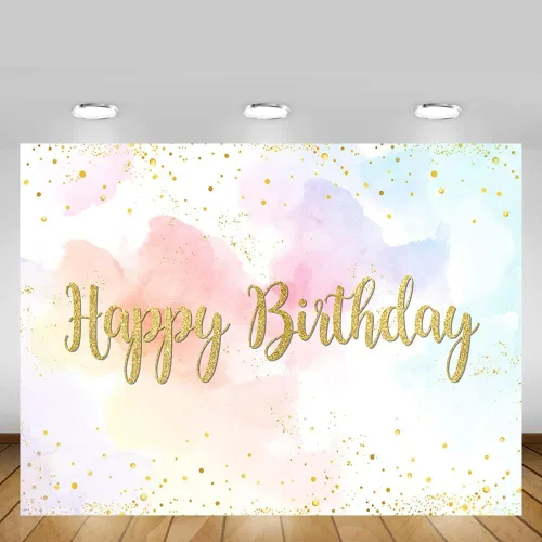 Vista 5 de MEHOFOND Telón de fondo de feliz cumpleaños de arcoíris pastel de 7 x 5 pies para niñas, fondo de acuarela de princesa, nube de colores dorados