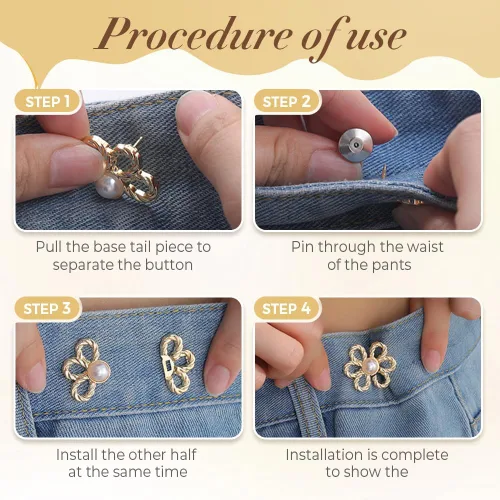 Vista 4 de Juego de 12 unidades de ajuste de cintura para pantalones, botones de flores y alfileres para jeans sueltos, pantalones de mezclilla de flores,