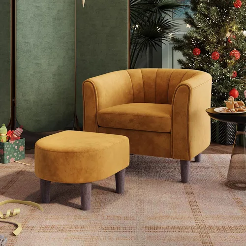 Vista 9 de LINSY Silla decorativa con otomana, moderna silla de barril pequeña, silla de lectura con reposapiés, cómoda silla con brazos redondos para sala