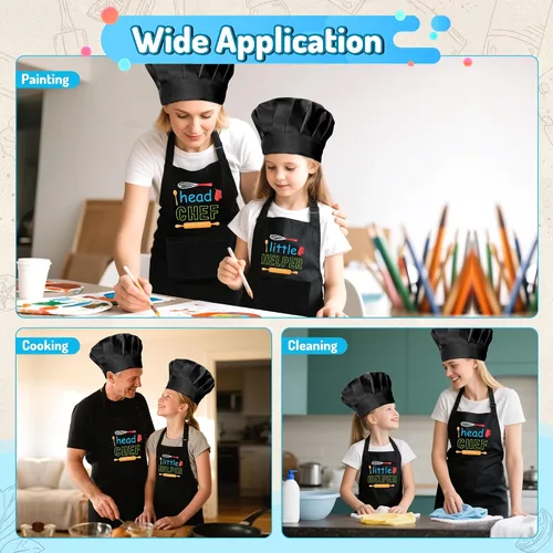 Vista 5 de R HORSE Juego de delantal y gorro de chef para adultos y niños - 4 piezas, delantal y gorro de cocina ajustables para padres e hijos, juguete