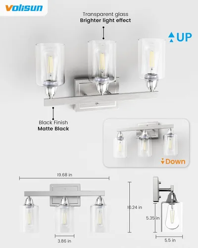Vista 5 de VOLISUN Accesorios de iluminación de baño de níquel cepillado, 3 luces de cambiador de baño sobre espejo, luces de cambiador modernas para baños