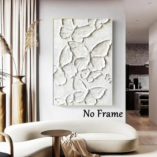 Vista 5 de Lienzo de mariposa blanca para pared, pintura minimalista texturizada, arte abstracto de mariposa blanca para pared, arte abstracto moderno, póster
