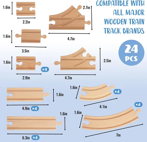 Vista 2 de Juego de 24 pistas de tren de madera, expansión de vías y 9 piezas distintas, 100% compatible con todas las principales marcas, incluido el sistema