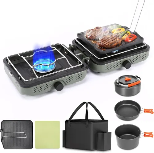 Vista 10 de Hisencn Camping Stove 2 Burner Foldable Propane Camping Stove with Cookware