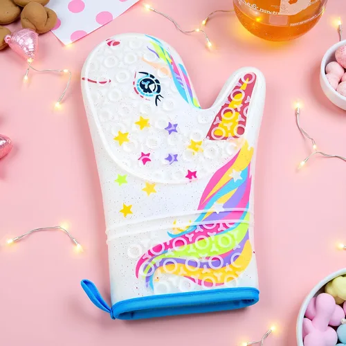 Vista 6 de Guante de horno de silicona con diseño de unicornio mágico con purpurina, guantes de cocina resistentes al calor, silicona suave, forro de tela