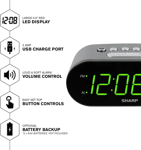 Vista 3 de Reloj despertador digital Sharp fácil de leer con puerto de carga USB de 2 amperios de alta velocidad: ¡carga tu teléfono, tableta con una carga