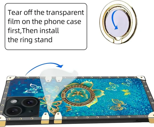 Vista 3 de nancheng Funda para iPhone 15, diseño de flor de mariposa azul, TPU suave, a prueba de golpes, con soporte de anillo y cordón a juego, elegante