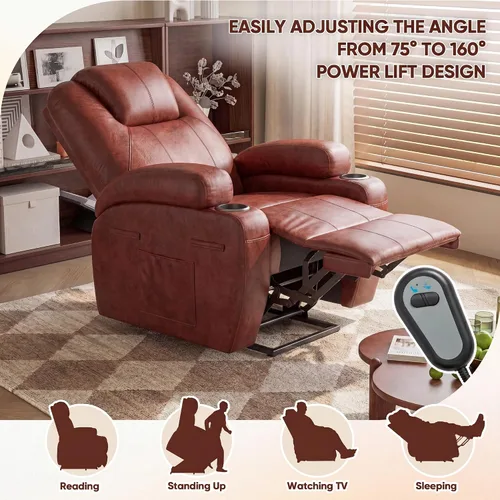 Vista 4 de Furmax Silla reclinable eléctrica con masaje para personas mayores, tela de pana, sillón reclinable individual con portavasos, bolsillos laterales