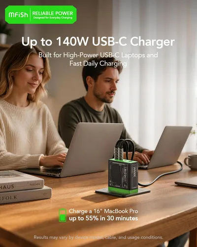 Vista 2 de Mfish E-Rhino - Cargador USB-C de 140 W, cargador rápido True PD 3.1 GaN, 4 puertos (3 USB-C + 1 USB-A) Adaptador de corriente plegable para MacBook