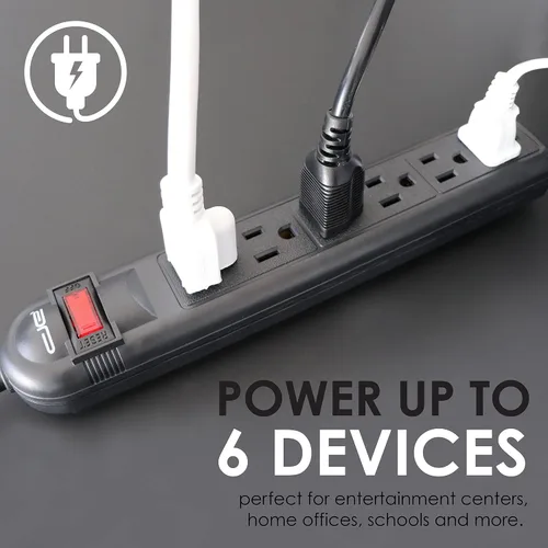 Vista 2 de Regleta de protección contra sobretensiones de 6 salidas con cable de extensión de 25 pies de largo, negro, certificación ETL/estándar UL