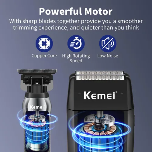 Vista 3 de KEMEI Recortadora de barba profesional para hombres, afeitadora eléctrica de aluminio y juego de aseo facial para hombres, recortadora de precisión