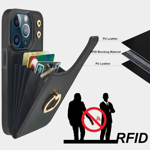 Vista 5 de Folosu Funda compatible con iPhone 13 Pro con soporte para tarjetas, rotación de 360°, soporte de anillo de dedo con función atril, protección RFID