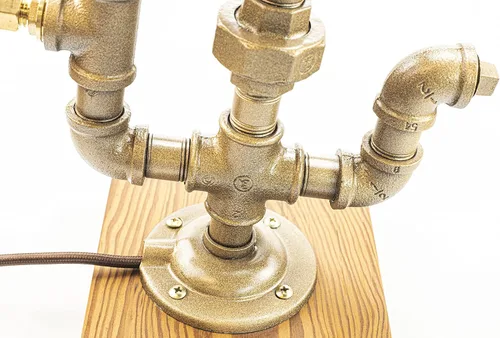 Vista 4 de Lámpara Steampunk con atenuador, regulable estilo loft industrial vintage estilo antiguo luz con bombilla, base de madera con tuberías de hierro