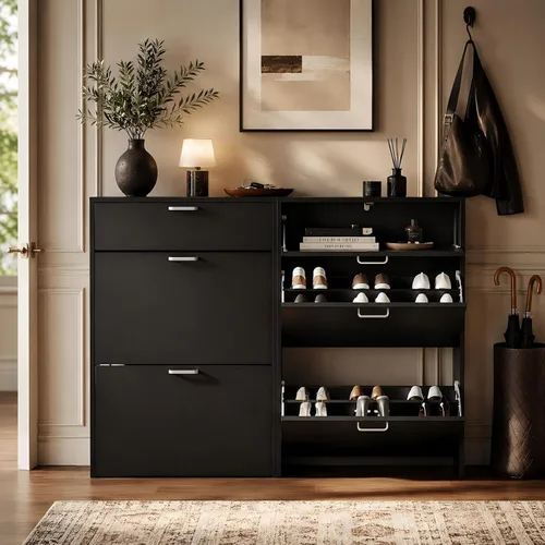 Vista 3 de VINGLI - Armario de zapatos para entrada con 2 cajones abatibles y 1 desplegable 24.8" W Narrow Slim,Modern Black Color,Holds 8–12 Pairs of