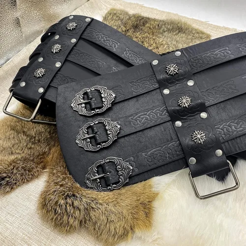 Vista 5 de HiiFeuer Viking - Armadura de cintura en relieve, cinturón ancho de piel sintética nórdica, cinturón de corsé medieval de caballero para disfraz LARP