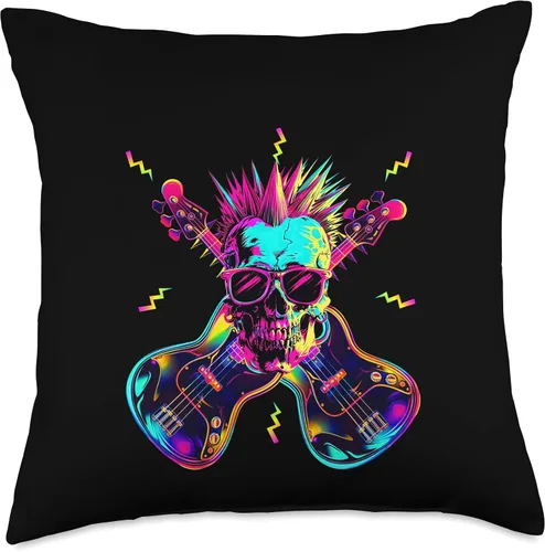 Vista 4 de Streetwear Synthwave 80s 90s skull rock music bass guitar Throw Pillow