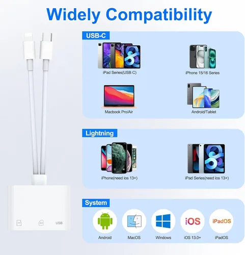 Vista 3 de Lector de tarjetas SD para iPhone, iPad, adaptador de tarjeta SD USB C Lightning de doble puerto, lector de tarjetas de memoria para adaptador