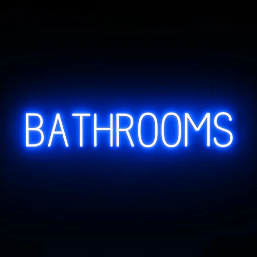 Vista 35 de SpellBrite Letrero de MEN para baños de negocios Letreros relacionados con el baño con aspecto de neón, luz LED azul 13.8 x 6.3 pulgadas