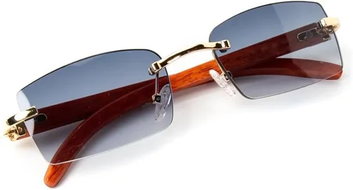 Vista 5 de Lentes de sol rectangulares de lujo con montura dorada sin montura azul y gris, para mujeres y hombres, lentes de sol retro de los años 90, sin