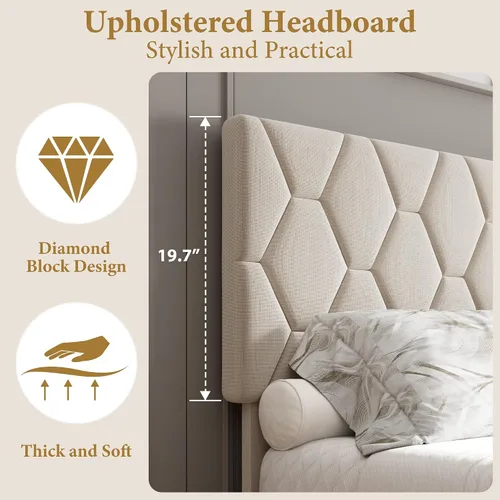 Vista 4 de GarveeHome Marco de Cama de Plataforma Tamaño Twin con Cabecera Tapizada y Soporte de Listones de Madera, Base de Colchón Tapizada/No Necesita Beige