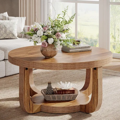 Vista 11 de Tribesigns - Mesa de café redonda, mesa de café circular de 2 niveles con almacenamiento, mesa auxiliar moderna de acento de madera para sala
