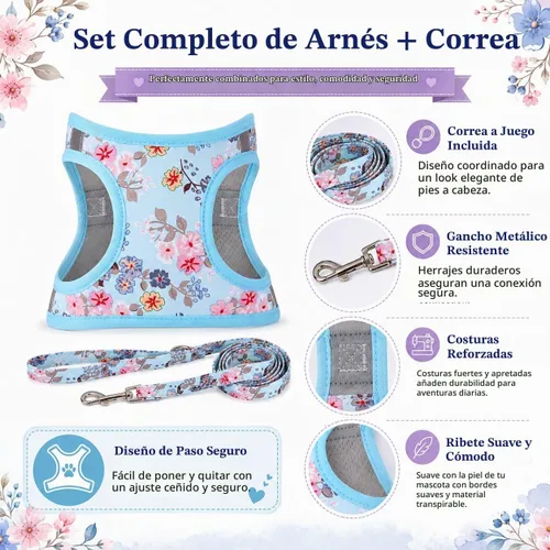 Vista 2 de Arnés para perro con correa, arnés reflectante para todo clima, sin tirones, con patrón floral, acolchado, malla para gatos, cachorros, perros