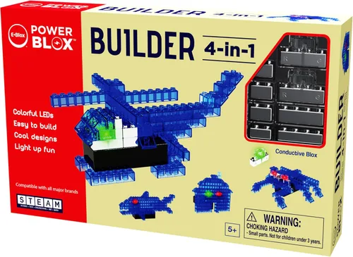 Vista 2 de E-Blox 4 en 1 Power Blox Builder STEM Kit (46 piezas), colorido juego de bloques de construcción con luz LED, construir 4 estructuras 3D, gran