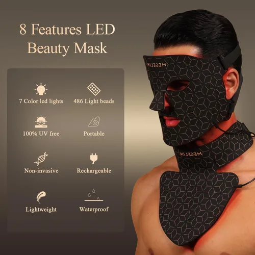 Vista 2 de MEGELIN Máscara facial y cuello de terapia de luz roja, máscara facial de terapia de luz LED de 7 colores, máscara de terapia de luz roja Negro